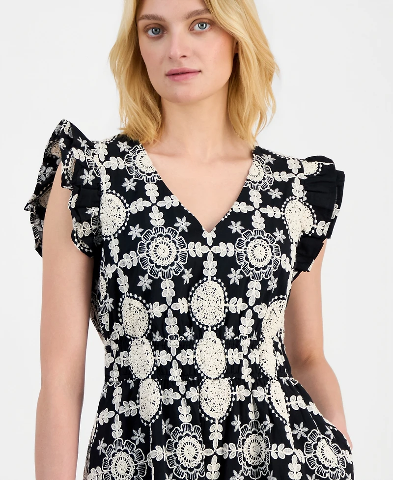 Anne Klein Women's V-Neck Ruffle-Sleeve Embroidered Cotton Dress