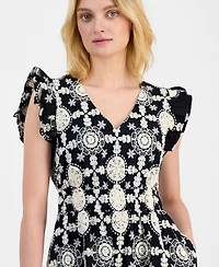 Anne Klein Women's V-Neck Ruffle-Sleeve Embroidered Cotton Dress