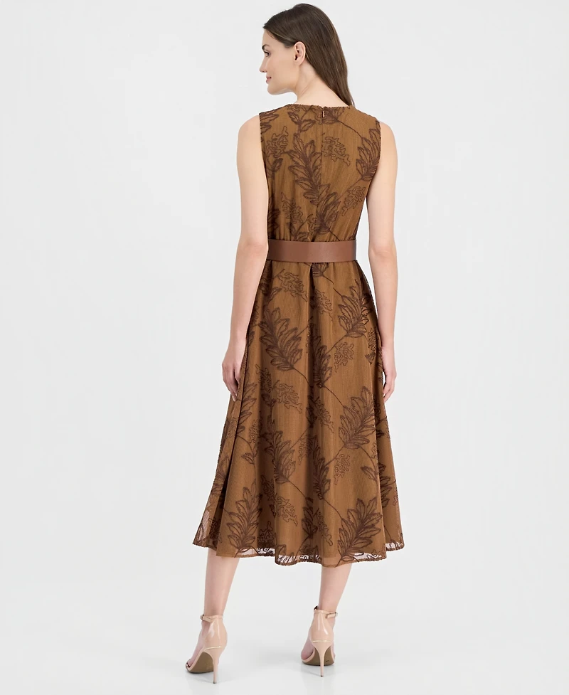 Anne Klein Women's V-Neck Embroidered Belted Midi Dress