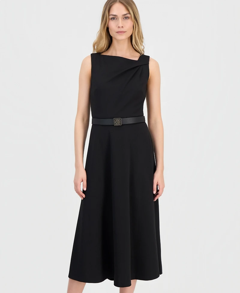 Anne Klein Women's Asymmetric-Neck Belted Midi Dress