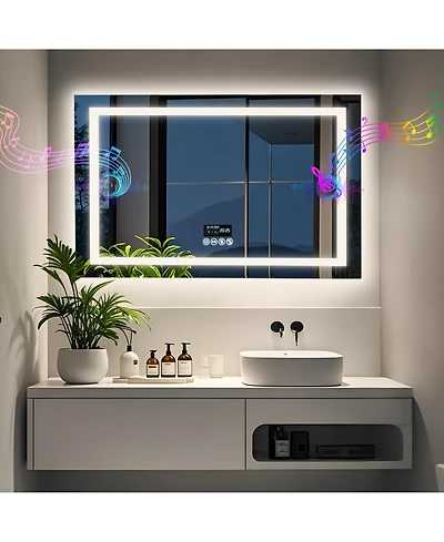 Luvodi Led Bathroom Mirror Wall-Mounted with Bluetooth Speaker, Vanity Mirror Anti Fog with Memory Function