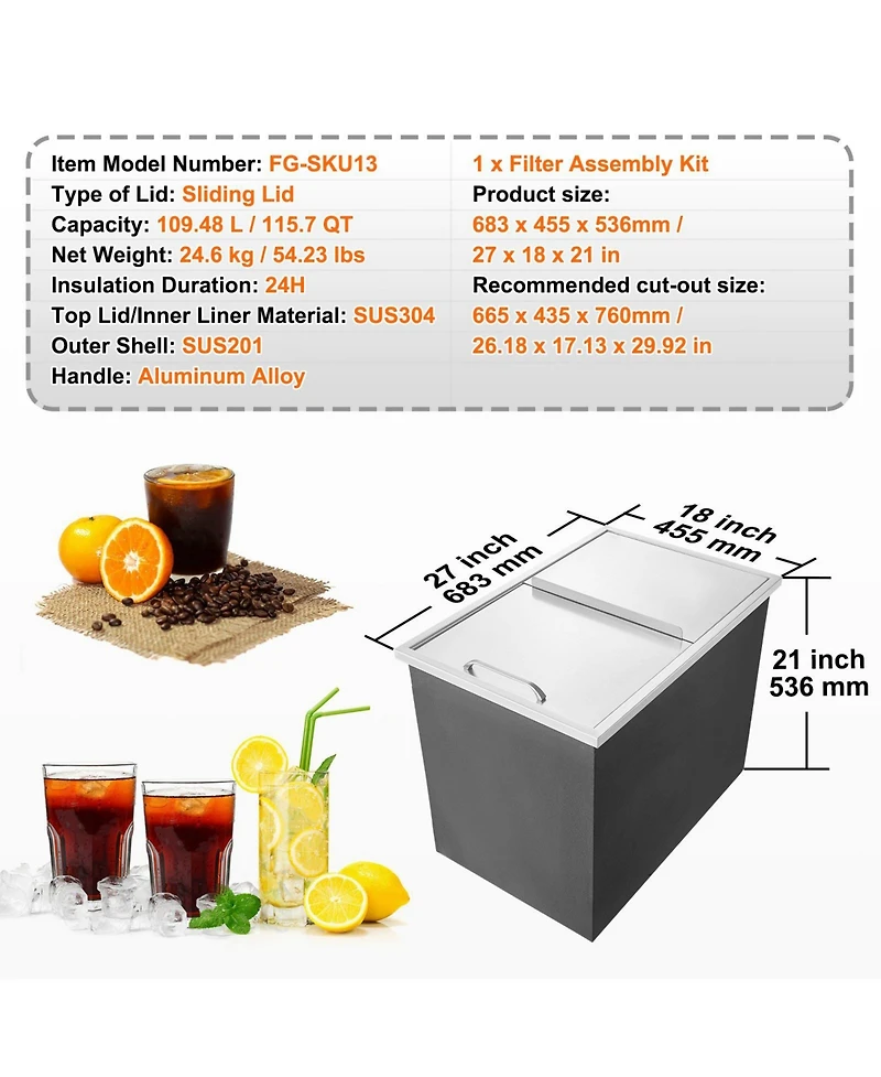 Mecale Drop-In Stainless Steel Ice Chest, 40.9 Qt with Sliding Lid