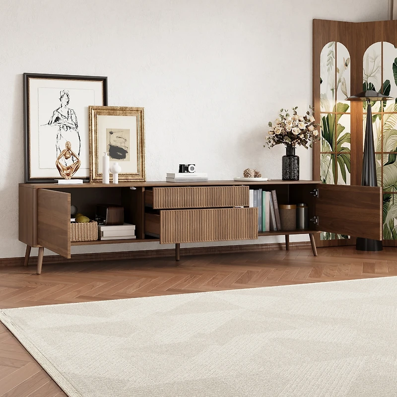 sumyeg 70 inch Fluted Storage Cabinet with Tv Stand Drawers with Cable Management, Solid Wood Legs, Soft-Close Hinges