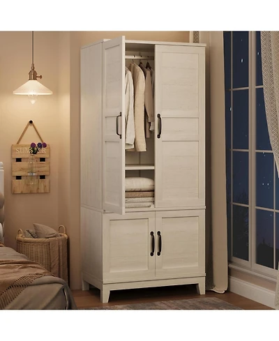 gaomon Armoire Wardrobe Closet with 4 Doors, Tall Wooden Freestanding Cabinet with Hanging Rod and 18 Adjustable Shelves.