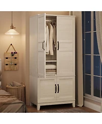 gaomon Armoire Wardrobe Closet with 4 Doors, Tall Wooden Freestanding Cabinet with Hanging Rod and 18 Adjustable Shelves.