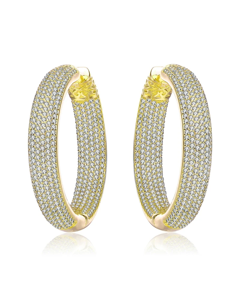 Sterling Silver with Cubic Zirconia 10-Row French Pave Inside Out Large Tubular Hoop Earrings