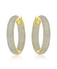 Sterling Silver with Cubic Zirconia 10-Row French Pave Inside Out Large Tubular Hoop Earrings