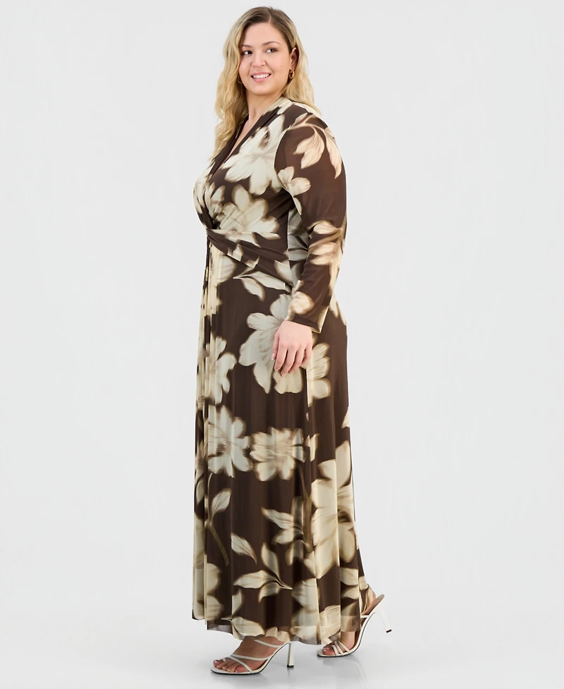 Anne Klein Plus Printed Twist-Front Long-Sleeve Mesh Maxi Dress