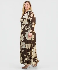 Anne Klein Plus Printed Twist-Front Long-Sleeve Mesh Maxi Dress