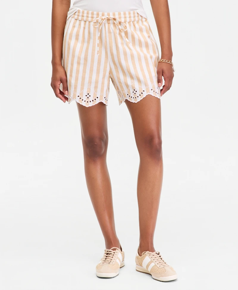 On 34th Women's Stripe Mid-Rise Embroidered Eyelet Linen Blend Pull Shorts, Macy's Exclusive