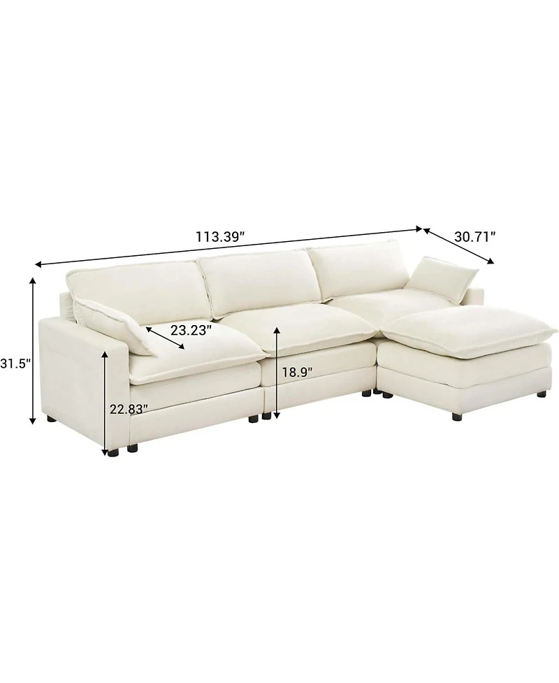 gaomon Chenille 113-Inch Modular Combo Sofa, Modern 3-Seater L-Shaped Sofa with Ottoman, 2 Cushions, Side Pockets