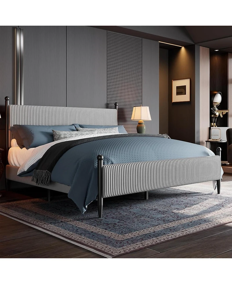 gaomon King Size Velvet Corduroy Fabric Bed Frame, Plywood and Iron Construction, Cone-Shaped Iron Foot, Soft Bag Design