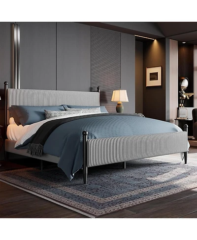 gaomon King Size Velvet Corduroy Fabric Bed Frame, Plywood and Iron Construction, Cone-Shaped Iron Foot, Soft Bag Design