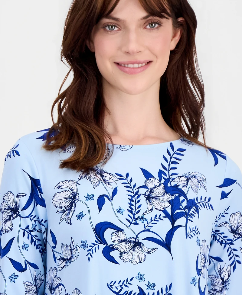 Jm Collection Women's Printed 3/4-Sleeve Swing Knit Top, Macy's Exclusive