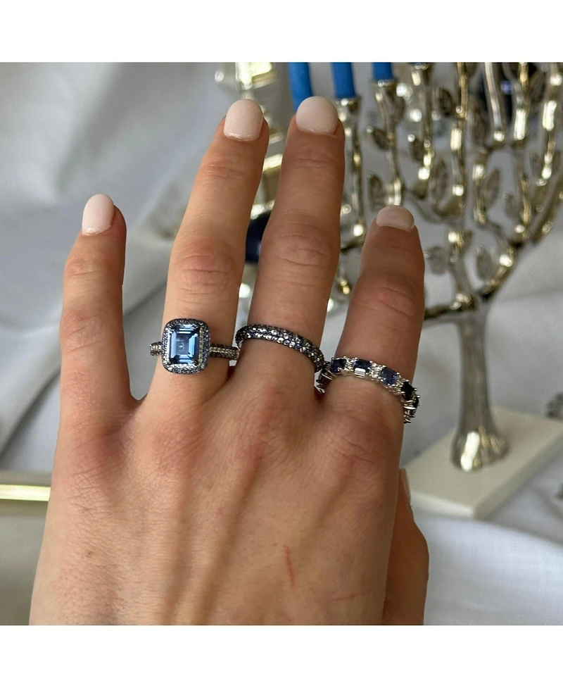 Suzy Levian Sterling Silver Sapphire and Created White Halo Ring