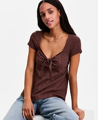 Hippie Rose Juniors' Bunny-Tie Short-Sleeve Sweetheart Top