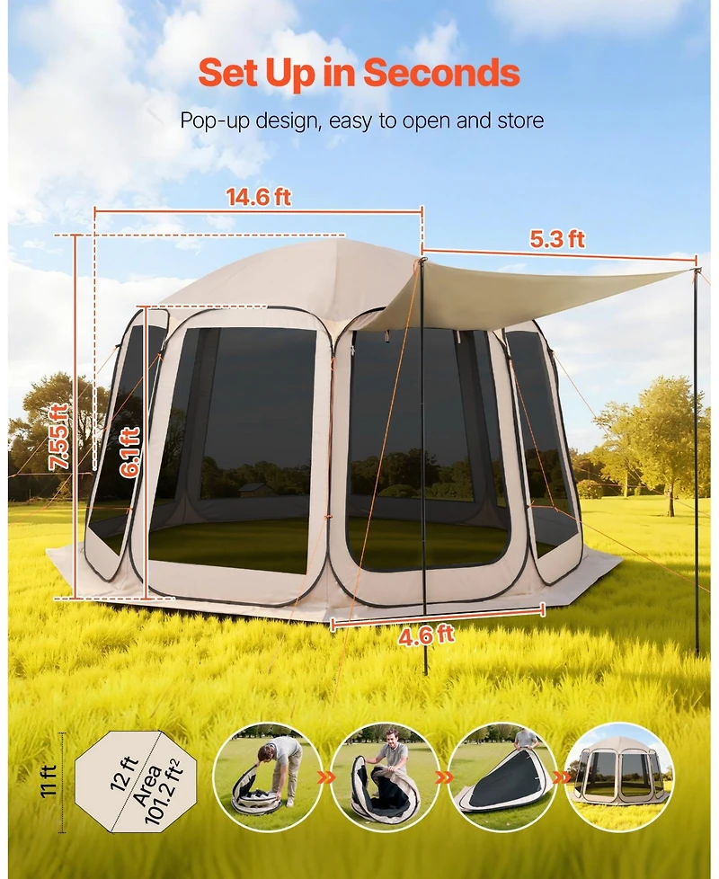 Mecale 12 x 11 Ft Pop-Up Screen House Tent for 10-12 People with Awning