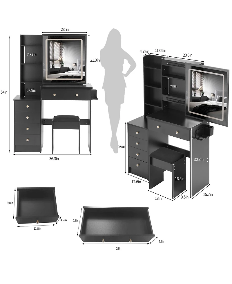 Rainsken 37" Makeup Vanity Set with Touch Control Led Sliding Mirror, Cushioned Stool, Makeup Desk with Usb Charge and Hair Dryer Stand for Bedro