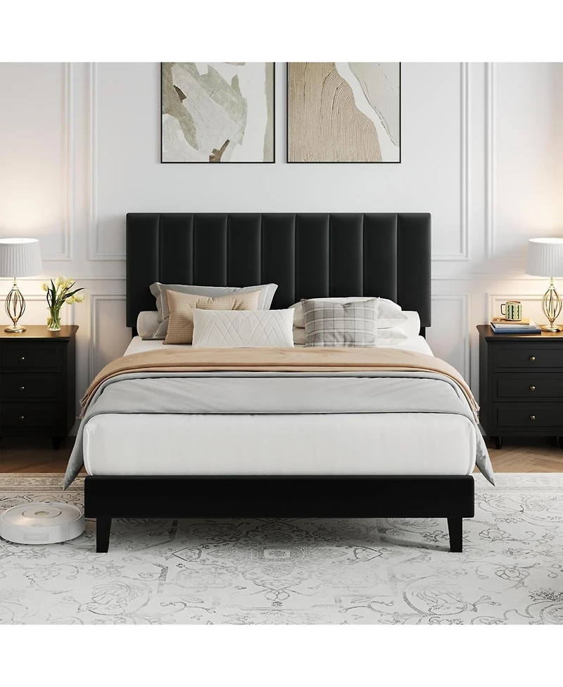 gaomon Full Size Velvet Iron Mdf Vertical Pattern Soft Bag Basic Bed, Upholstered Bed Frame, Stylish Design, Comfortable Mattress