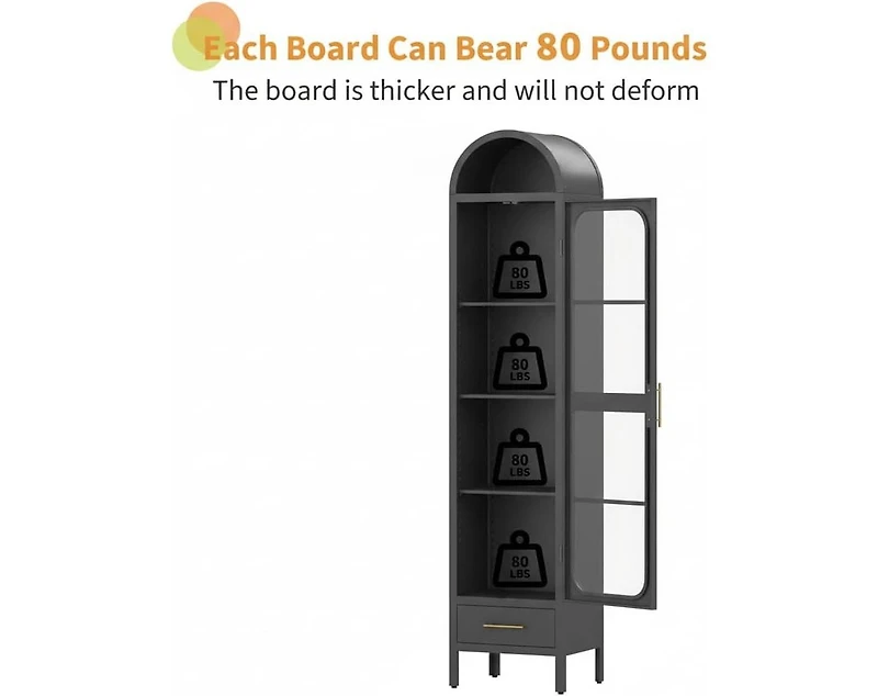 gaomon 73 in Tall Narrow Arched Bookcase, Metal Arched Storage Cabinet with Glass Door & Drawer, Modern Pantry Cabinet for Living Room, Kitchen