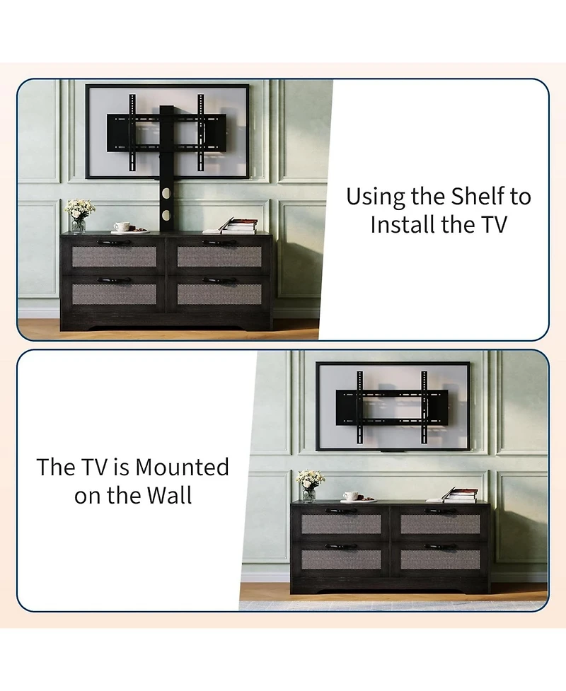 gaomon rattan Tv stand with mount, 4 drawer dresser console for TVs up to 70'', farmhouse wooden media unit for living room or bedroom.