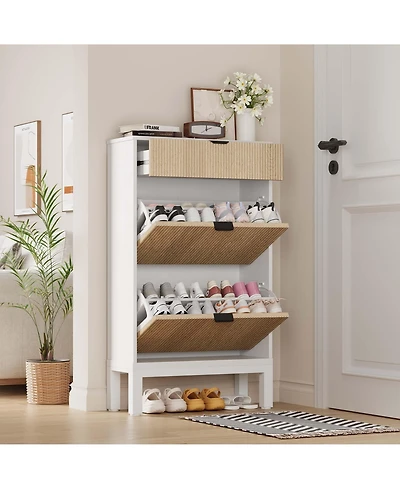 gaomon Shoe Storage Cabinet with 2 Flip Drawers & Large Drawer, Farmhouse Fluted Shoe Organizer with Metal Legs