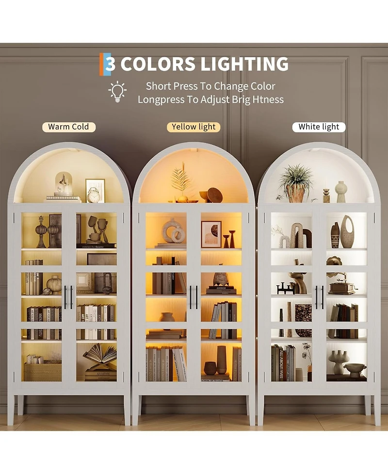 gaomon Tall Arched Kitchen Pantry Cabinet with Led Lights, Modern Wood Arched Bookshelf with Glass Doors & Adjustable Shelves, Elegant Display Cabinet