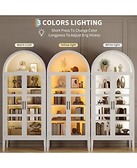 gaomon Tall Arched Kitchen Pantry Cabinet with Led Lights, Modern Wood Arched Bookshelf with Glass Doors & Adjustable Shelves, Elegant Display Cabinet