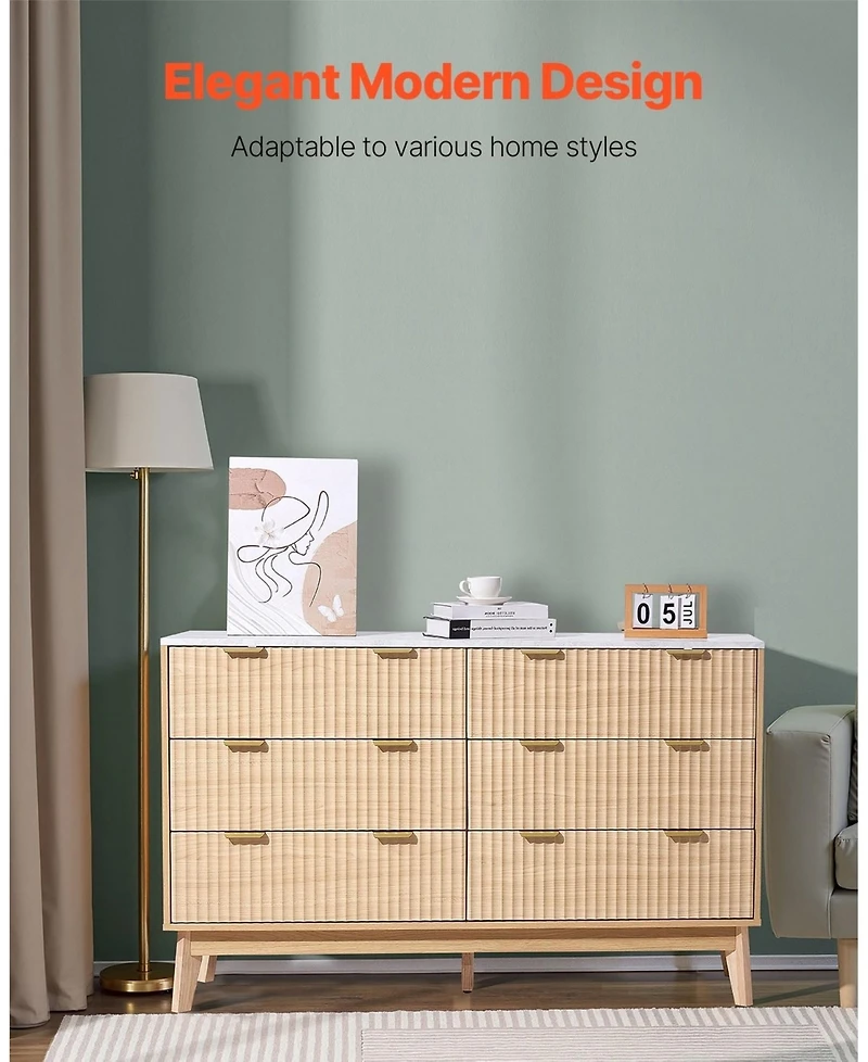 Gouun 6 Drawer Fluted Dresser with Spacious Storage for Bedroom and Entryway