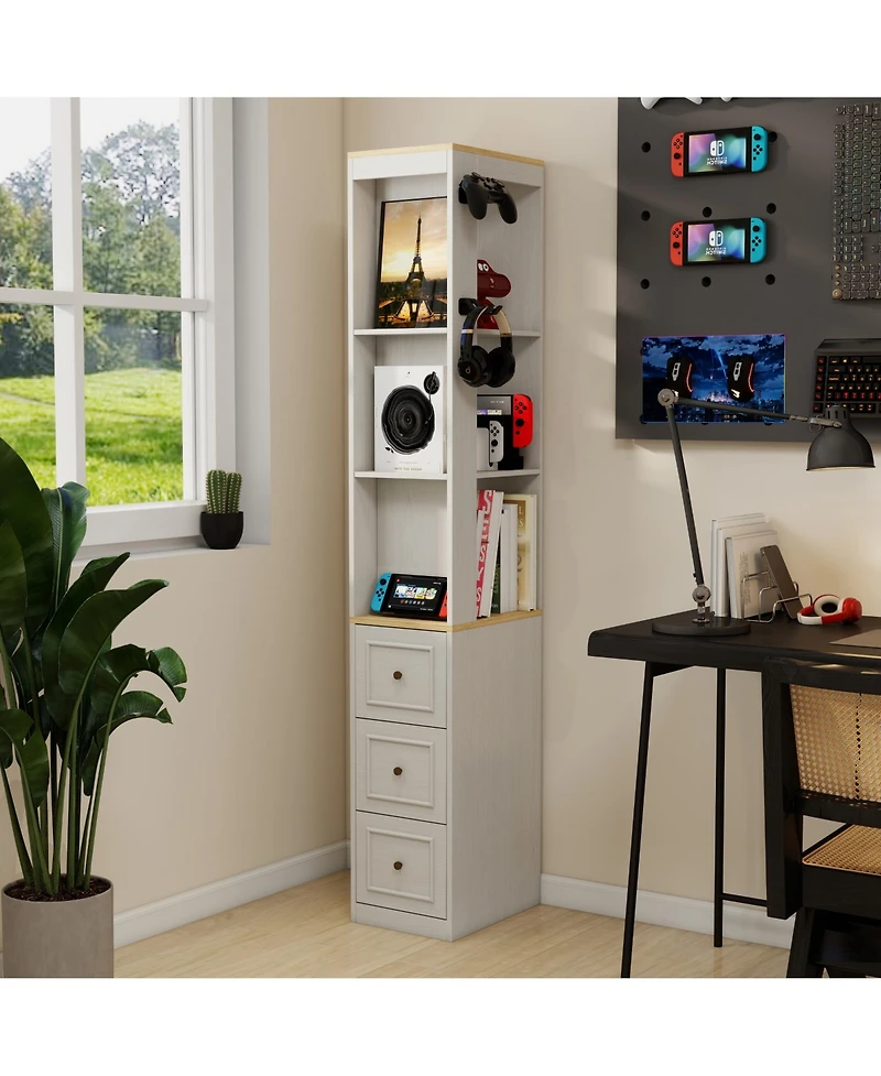 Rainsken 73" Tall Slim Storage Cabinet, 3-Tier Display Shelves with 3 Drawers and 2 Hooks, Mdf Bookshelf for Living Room, Home Office