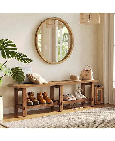 Tribesigns Solid Wood Entryway Bench, 63" End of Bed Bench with Shoe Storage Rack, Farmhouse Narrow Seating