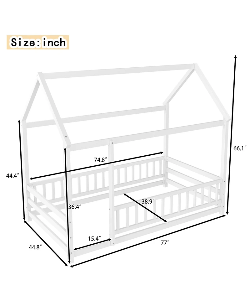 flynama Wooden Floor Bed With House Roof Frame And Fence Guardrails White For Kids
