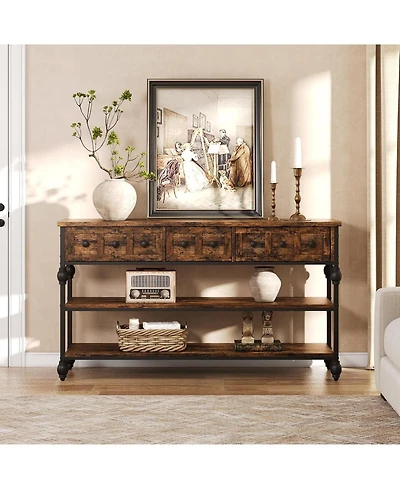 gaomon 52" Industrial Console Table with 3 Drawers, 3-Tier Metal Entryway/Sofa Table.