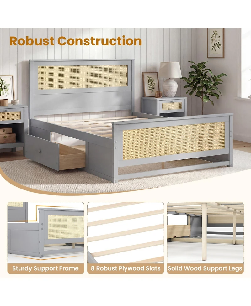 Sugift Full Size Rattan Bed Frame with Storage Drawers