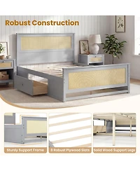 Sugift Full Size Rattan Bed Frame with Storage Drawers