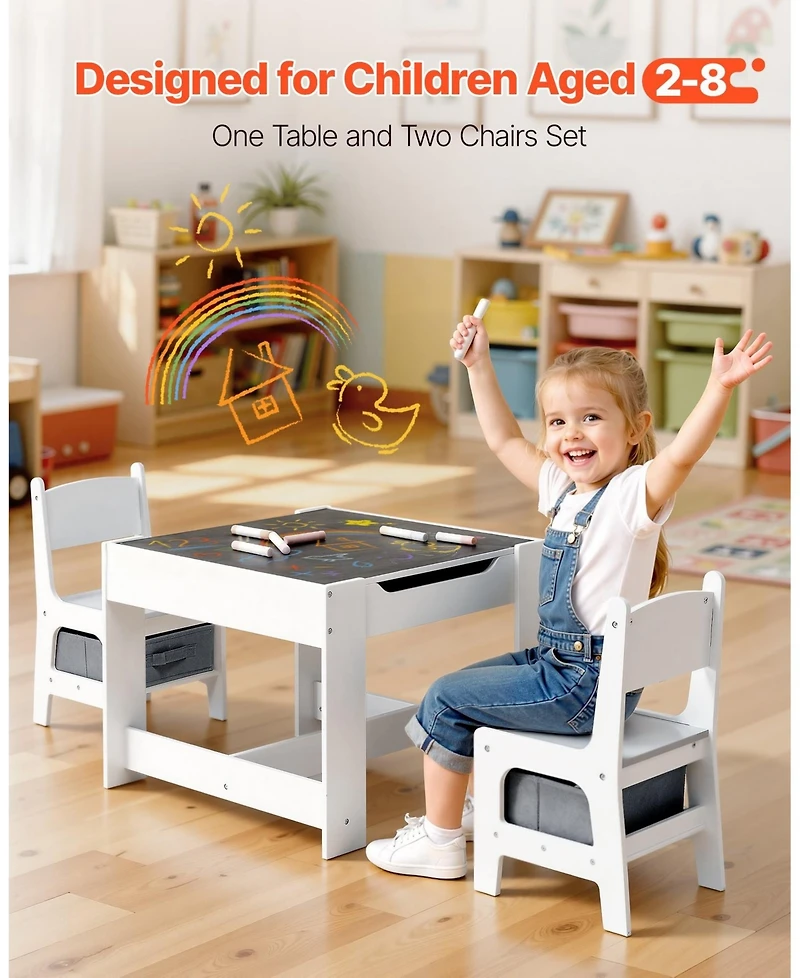 Gouun Kids Table and 2 Chairs Set with Reversible Top and Storage for Art and Learning