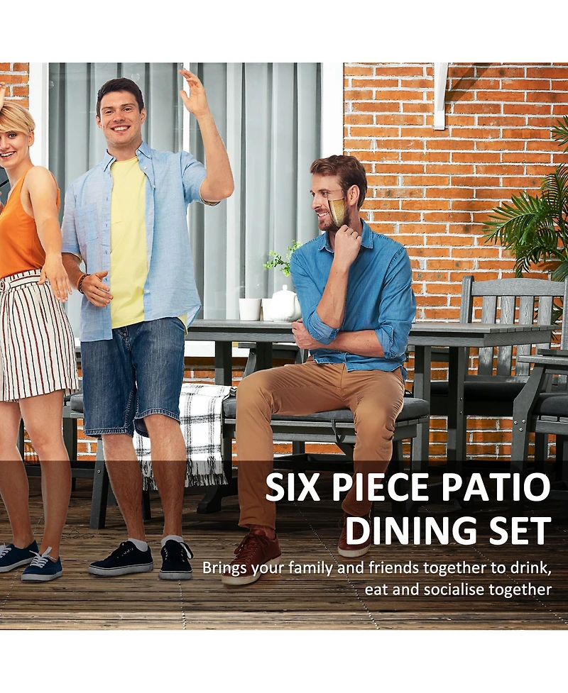 Outsunny 6 Pieces Patio Dining Set, 6 Seater Outdoor Table and Chairs, Conversation Furniture, Armrests, Loveseat Bench, Dinner Table with Umbrella Ho