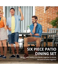 Outsunny 6 Pieces Patio Dining Set, 6 Seater Outdoor Table and Chairs, Conversation Furniture, Armrests, Loveseat Bench, Dinner Table with Umbrella Ho