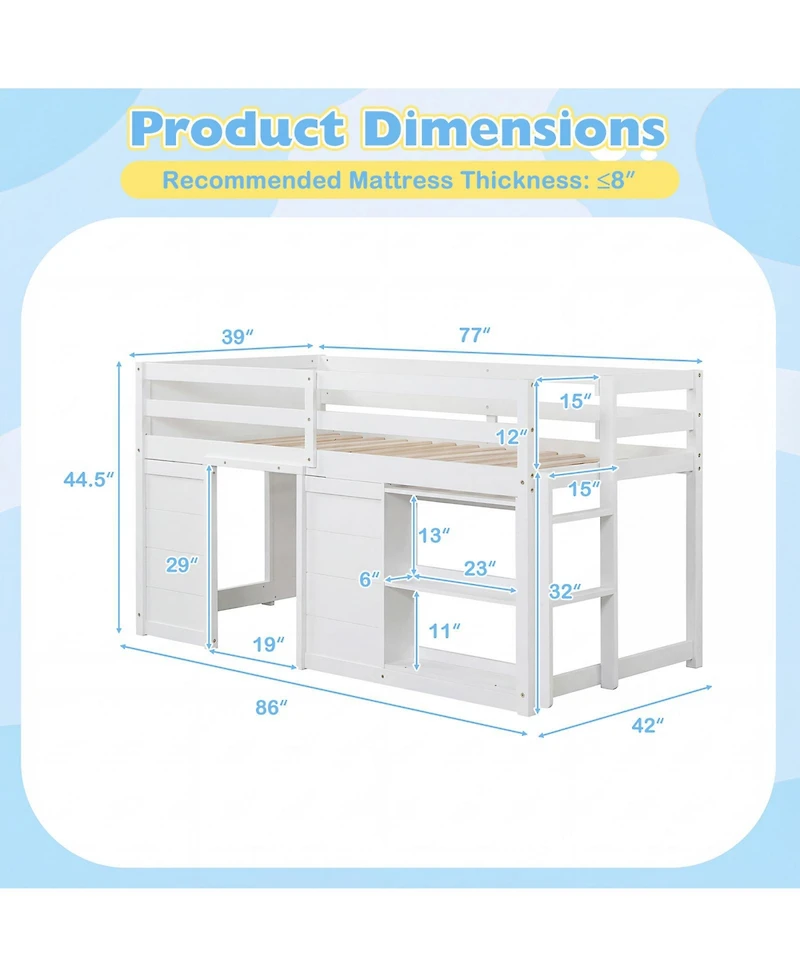 Sugift Wooden Low Kids Loft Bed with Led Lights and 2 Doors