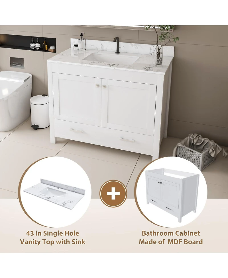 Sillysis 43" Bathroom Vanity with Artificial Marble Carrara Top, Multi-Functional Storage, Soft Close Drawer for Bathroom Remodel