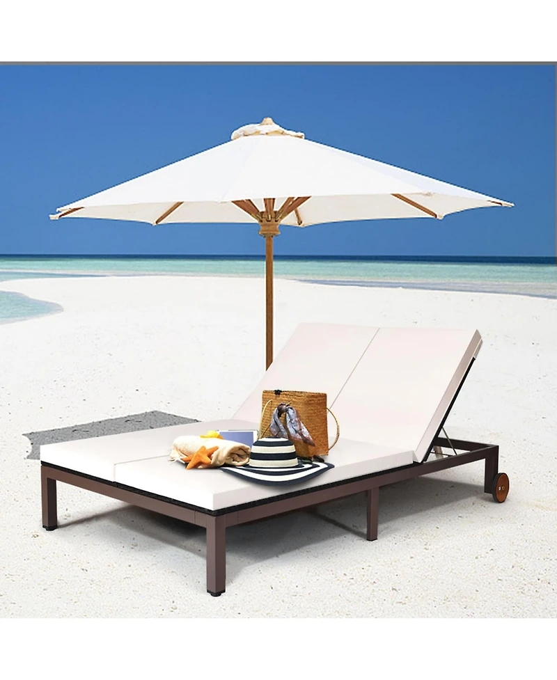 Gymax Adjustable Patio Rattan 2 Person Recliner Lounge Chair w/ Cushion Wheel