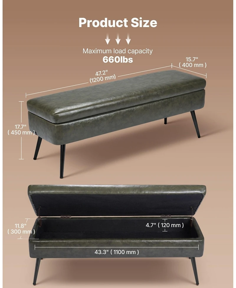 Gouun Pu Leather Storage Ottoman Bench with Soft Close Hinges and Metal Legs