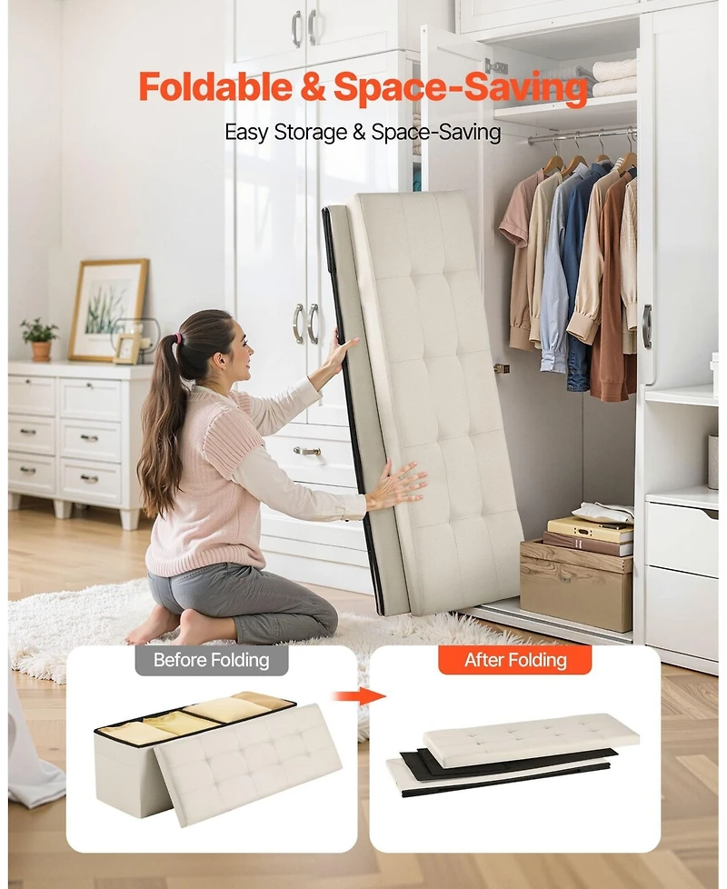 Gouun Foldable Linen Storage Ottoman Bench with Side Pockets and Hidden Storage