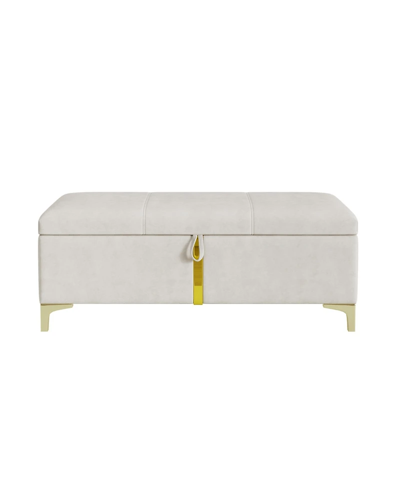 Rainsken Upholstered Storage Ottoman, Modern Storage Bench with Metal Legs and Golden Striping for Living Room, Bedroom