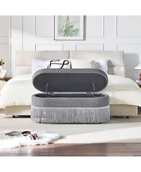 Rainsken Oval Storage Ottoman, Upholstered Footrest with Fringe Trim, Hidden Storage and Metal Frame for Living Room, Bedroom