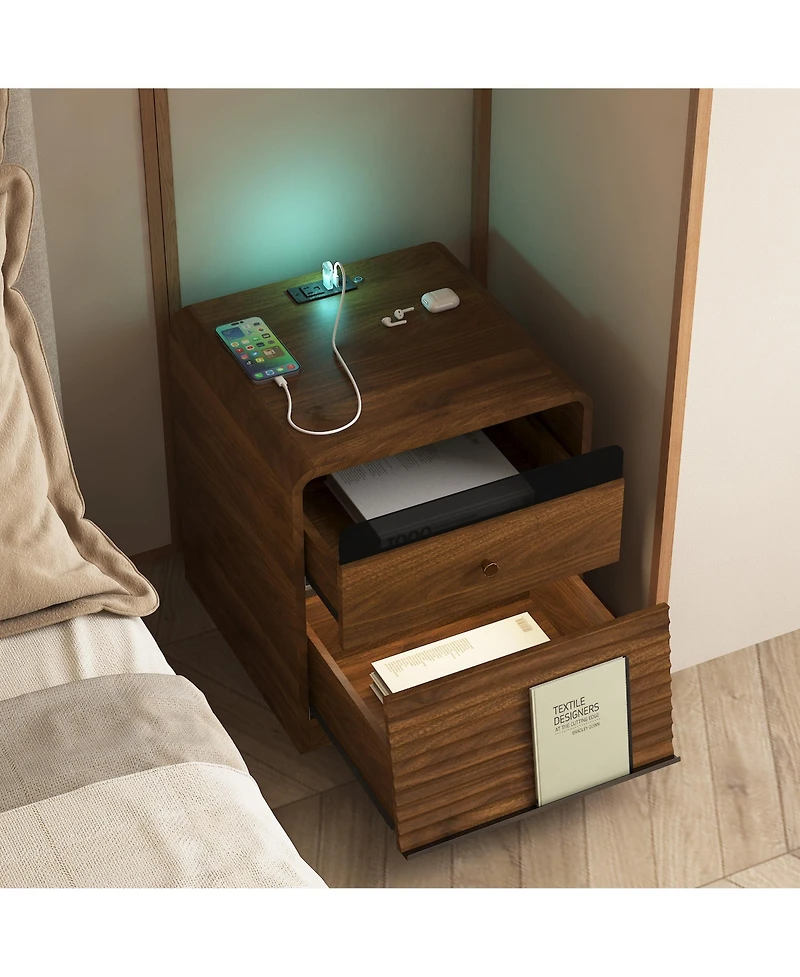 Rainsken Smart Nightstand with Charging Station and Led Light, Modern Bedside Table with Storage Drawers for Bedroom