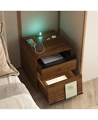 Rainsken Smart Nightstand with Charging Station and Led Light, Modern Bedside Table with Storage Drawers for Bedroom