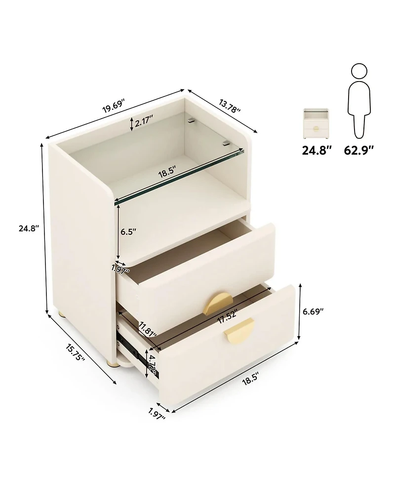 Rainsken 2-Drawer Nightstand, Modern Wood Bedside Table with Open Tempered Glasses Storage Space, End Table for Living Room and Bedroom