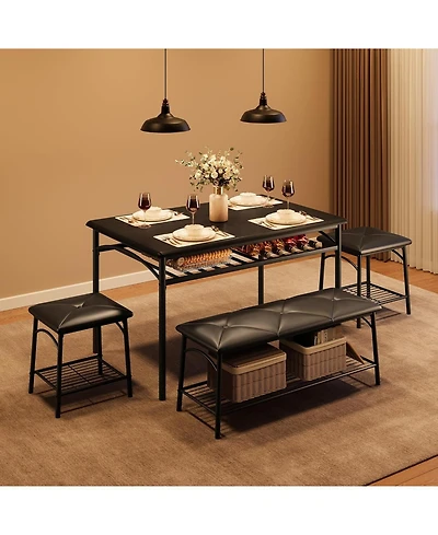 gaomon Dining Room Table Set for 4, Metal Frame Kitchen Table Set with Upholstered Bench and 2 Square Stools, 4 Piece Dinette Set with Storage Shelves