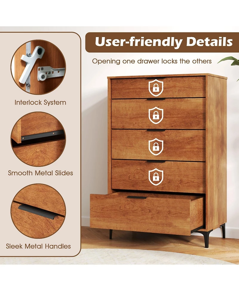 Sugift 5-Drawer Dresser with Interlock System for Bedroom Living Room.